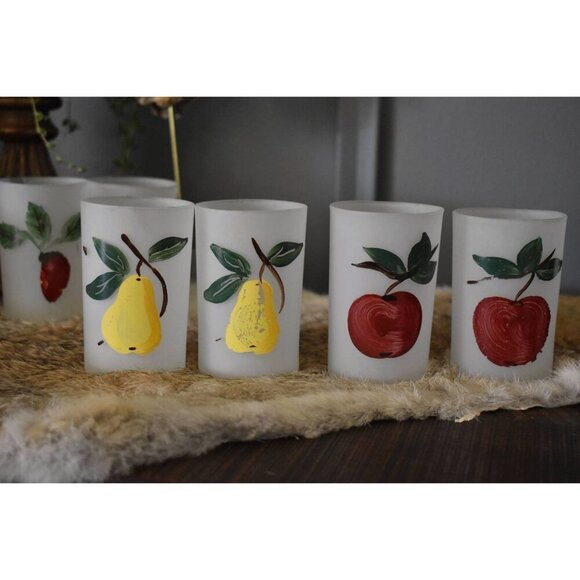 Federal Eight (8) Frosted Fruit Juice Glasses handpainted apple grape strawberry - Picture 4 of 8